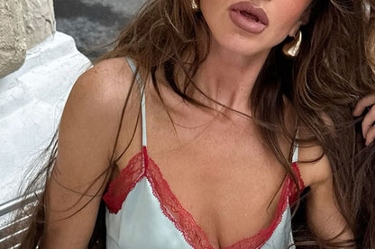 V-Neck Lace Trim Satin Camisole Top