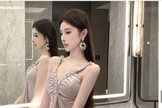 Spaghetti Strap V-Neck Plain Rhinestone Mini Party Dress