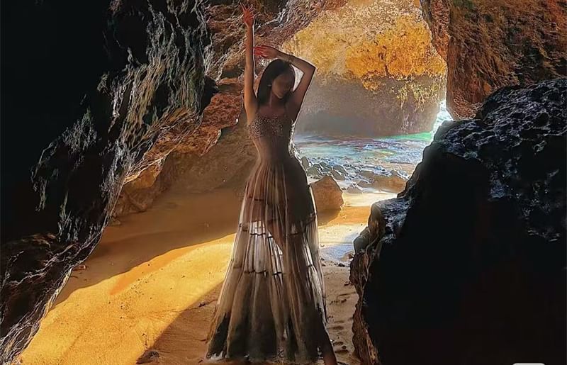 Spaghetti Strap Rhinestone Sheer Maxi Evening Gown