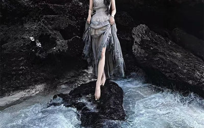 Spaghetti Strap Rhinestone Sheer Maxi Evening Gown