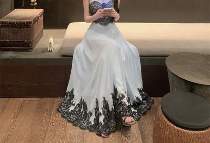Spaghetti Strap Sweetheart Neck Lace Panel Evening Gown