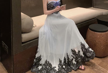 Spaghetti Strap Sweetheart Neck Lace Panel Evening Gown