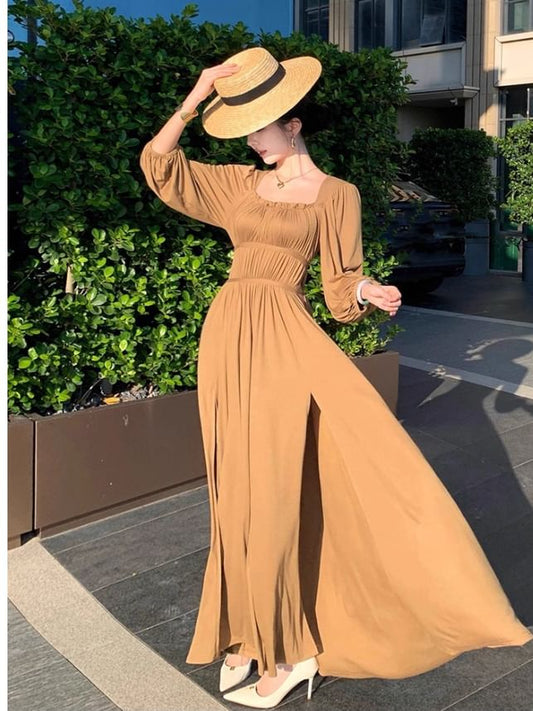 Long-Sleeve Square Neck A-Line Evening Gown