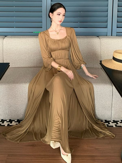 Long-Sleeve Square Neck A-Line Evening Gown