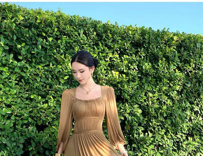 Long-Sleeve Square Neck A-Line Evening Gown