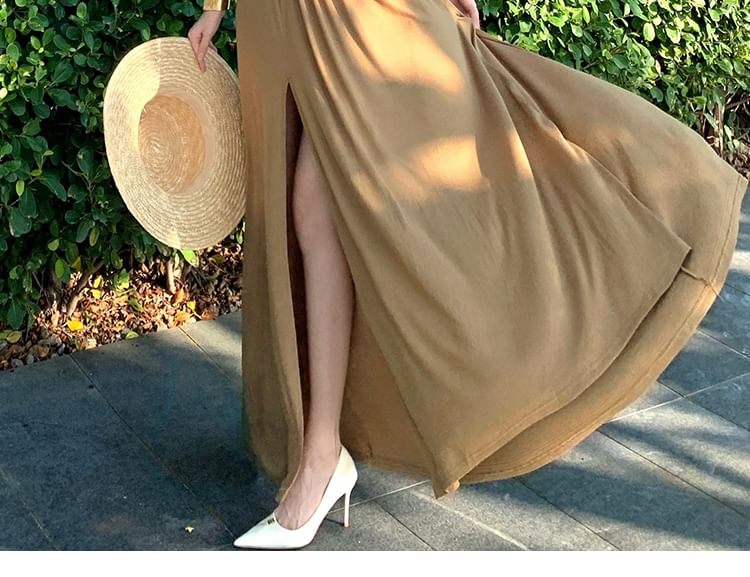 Long-Sleeve Square Neck A-Line Evening Gown