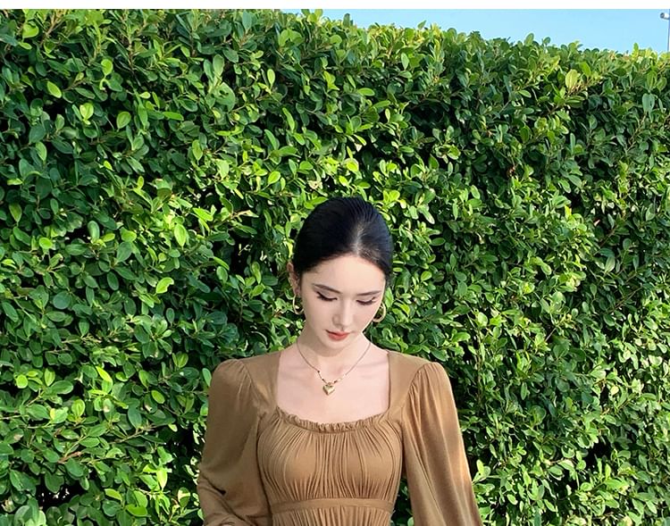 Long-Sleeve Square Neck A-Line Evening Gown