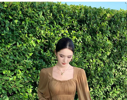 Long-Sleeve Square Neck A-Line Evening Gown