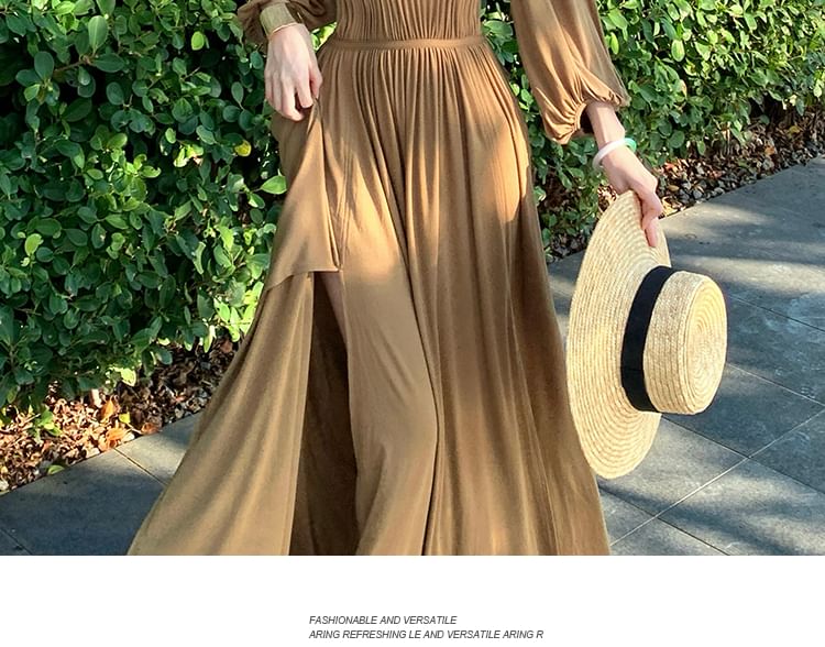 Long-Sleeve Square Neck A-Line Evening Gown