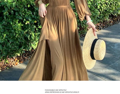 Long-Sleeve Square Neck A-Line Evening Gown