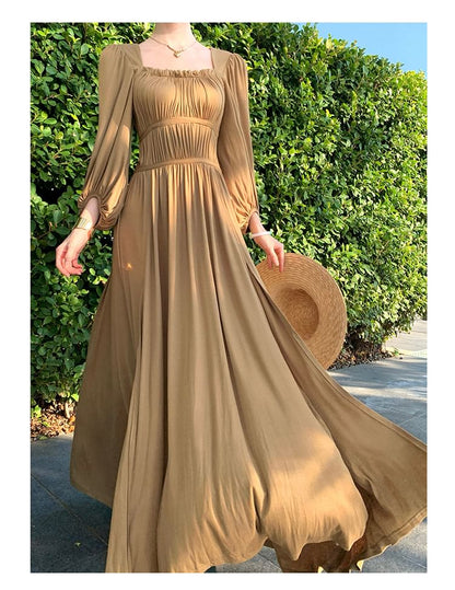 Long-Sleeve Square Neck A-Line Evening Gown