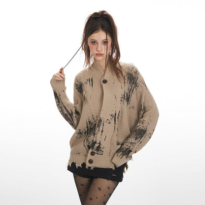 Tie-Dyed V-Neck Long Sleeve Loose-Fit Cardigan