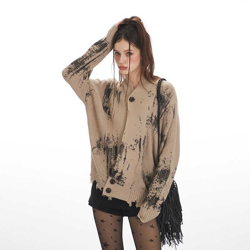 Tie-Dyed V-Neck Long Sleeve Loose-Fit Cardigan
