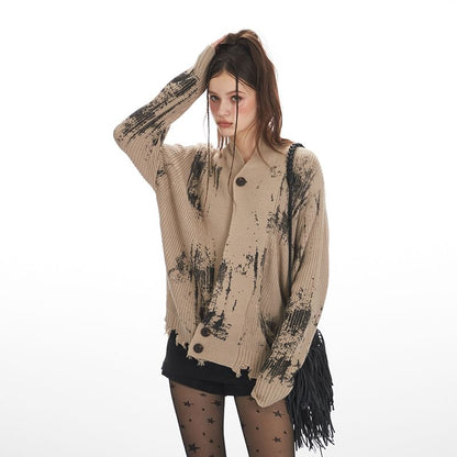 Tie-Dyed V-Neck Long Sleeve Loose-Fit Cardigan