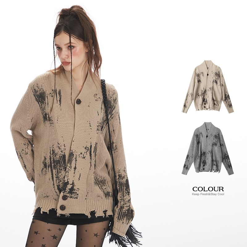 Tie-Dyed V-Neck Long Sleeve Loose-Fit Cardigan