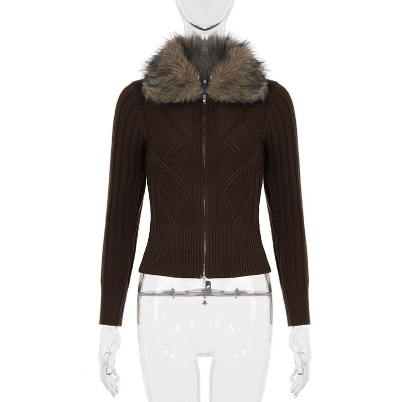 Fluffy Collar Cable Knit Cropped Zip Cardigan