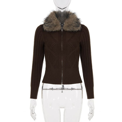 Fluffy Collar Cable Knit Cropped Zip Cardigan