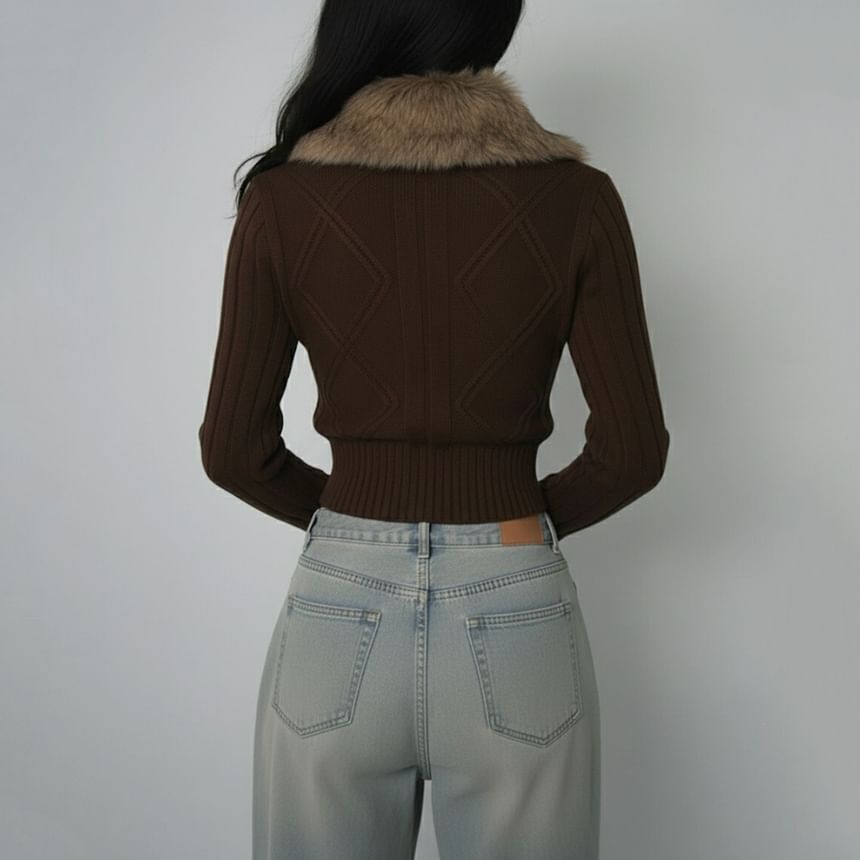 Fluffy Collar Cable Knit Cropped Zip Cardigan
