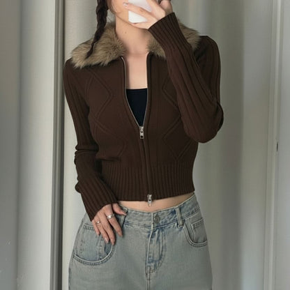 Fluffy Collar Cable Knit Cropped Zip Cardigan