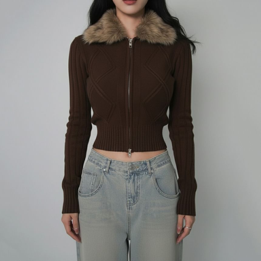 Fluffy Collar Cable Knit Cropped Zip Cardigan