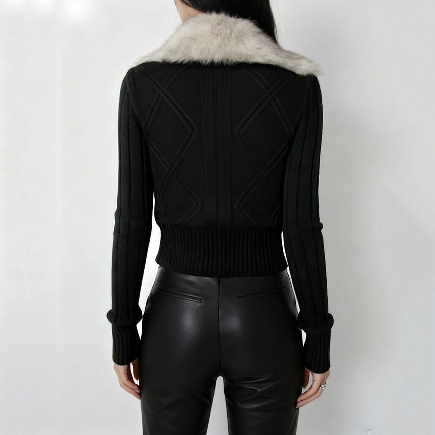 Fluffy Collar Cable Knit Cropped Zip Cardigan