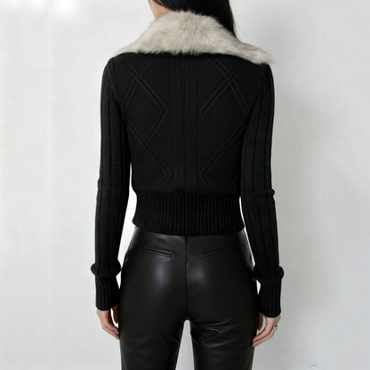 Fluffy Collar Cable Knit Cropped Zip Cardigan