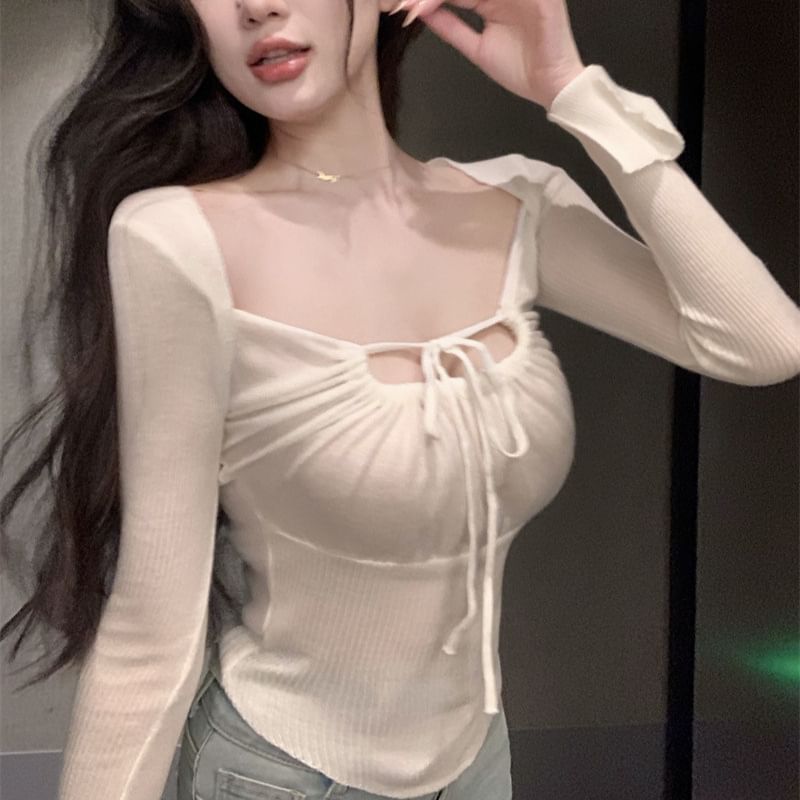 Square-Neck Long-Sleeve Basic T-Shirt
