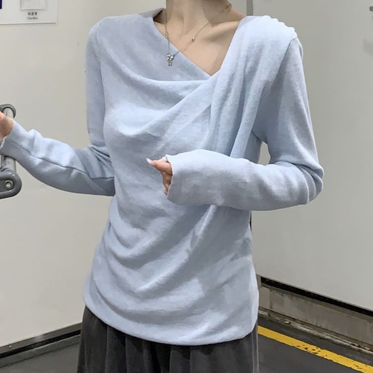 Asymmetrical Knit V-Neck Long Sleeve Top