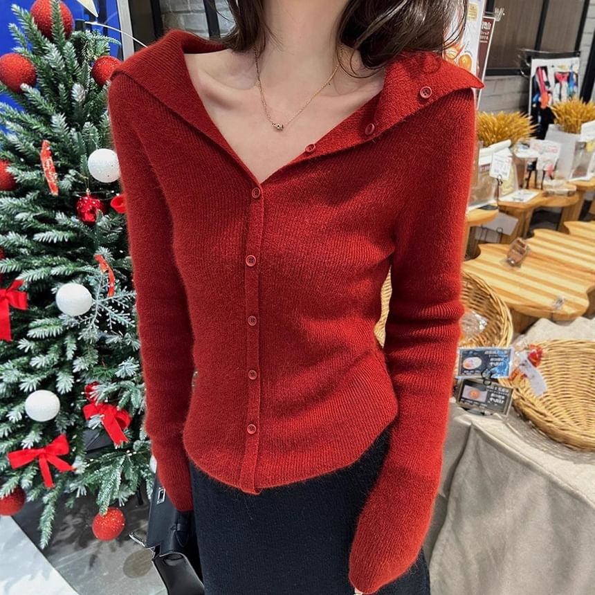 Collared Plain Ribbed Knit Button Up Cardigan