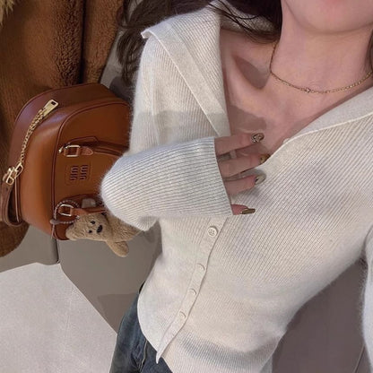 Collared Plain Ribbed Knit Button Up Cardigan