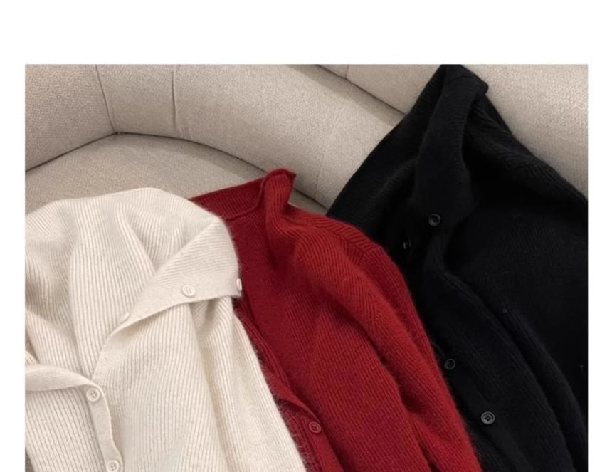 Collared Plain Ribbed Knit Button Up Cardigan