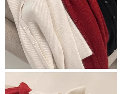 Collared Plain Ribbed Knit Button Up Cardigan