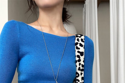 Ribbed Boat-Neck Long-Sleeve Knit Top