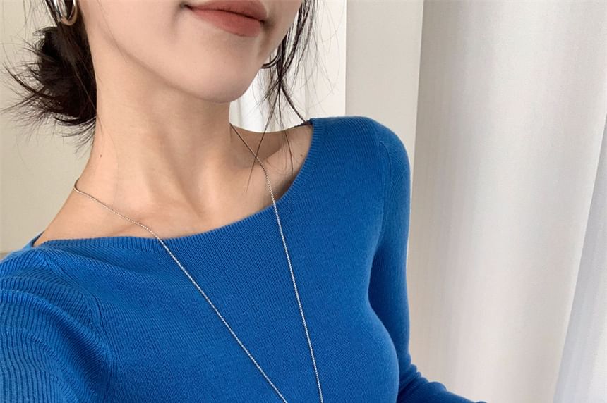 Ribbed Boat-Neck Long-Sleeve Knit Top
