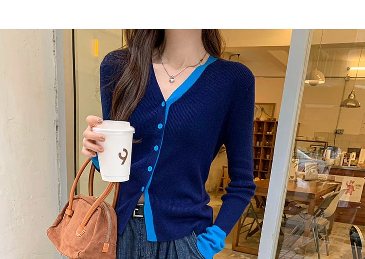 V-Neck Contrast Trim Button Up Cardigan
