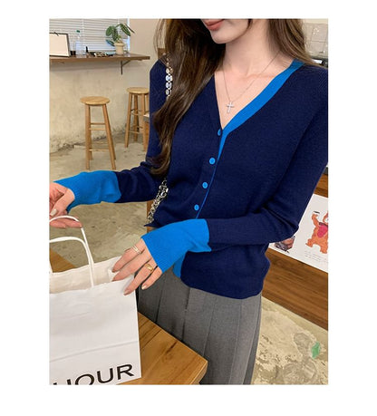 V-Neck Contrast Trim Button Up Cardigan