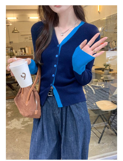 V-Neck Contrast Trim Button Up Cardigan