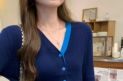 V-Neck Contrast Trim Button Up Cardigan
