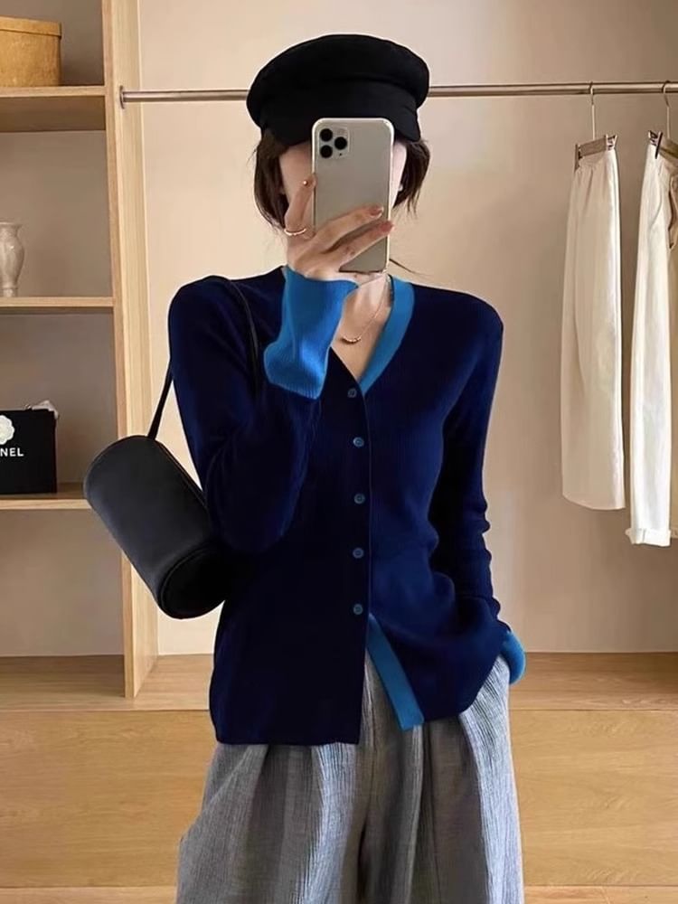 V-Neck Contrast Trim Button Up Cardigan