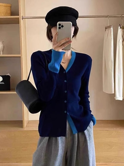 V-Neck Contrast Trim Button Up Cardigan
