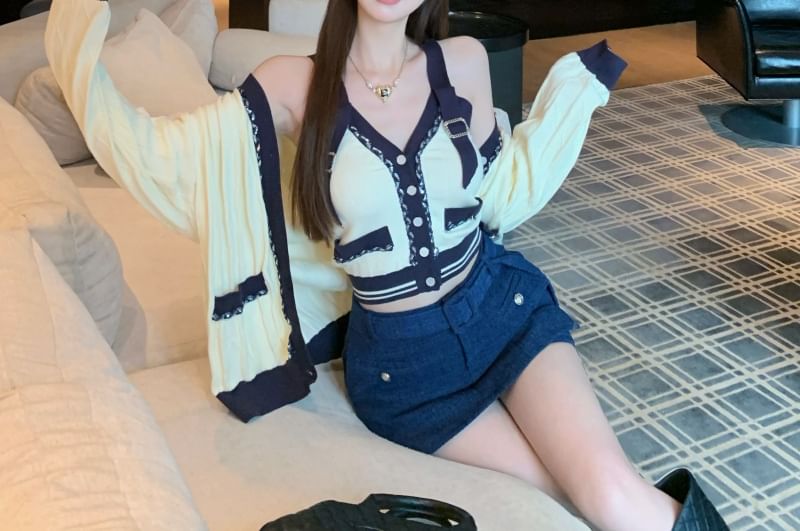 V-Neck Contrast Trim Buckled Button-Up Knit Crop Camisole Top / High Rise Plain Mini Pencil Skirt / Cardigan