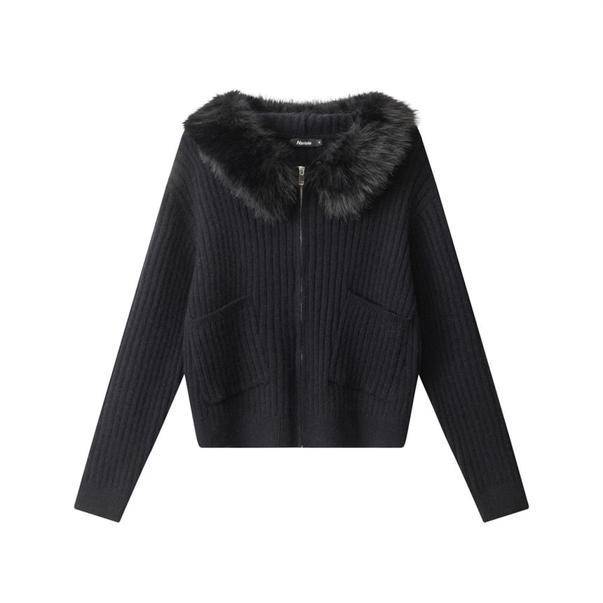Long Sleeve Faux Fur-Trim Hooded Ribbed-Knit Zip-Up Cardigan