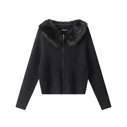 Long Sleeve Faux Fur-Trim Hooded Ribbed-Knit Zip-Up Cardigan