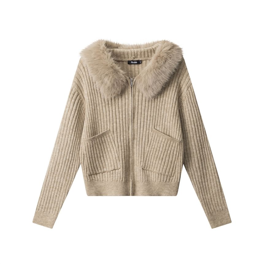 Long Sleeve Faux Fur-Trim Hooded Ribbed-Knit Zip-Up Cardigan