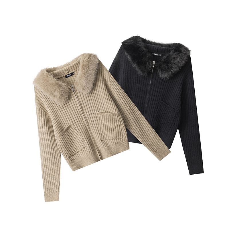 Long Sleeve Faux Fur-Trim Hooded Ribbed-Knit Zip-Up Cardigan