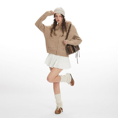 Long Sleeve Faux Fur-Trim Hooded Ribbed-Knit Zip-Up Cardigan