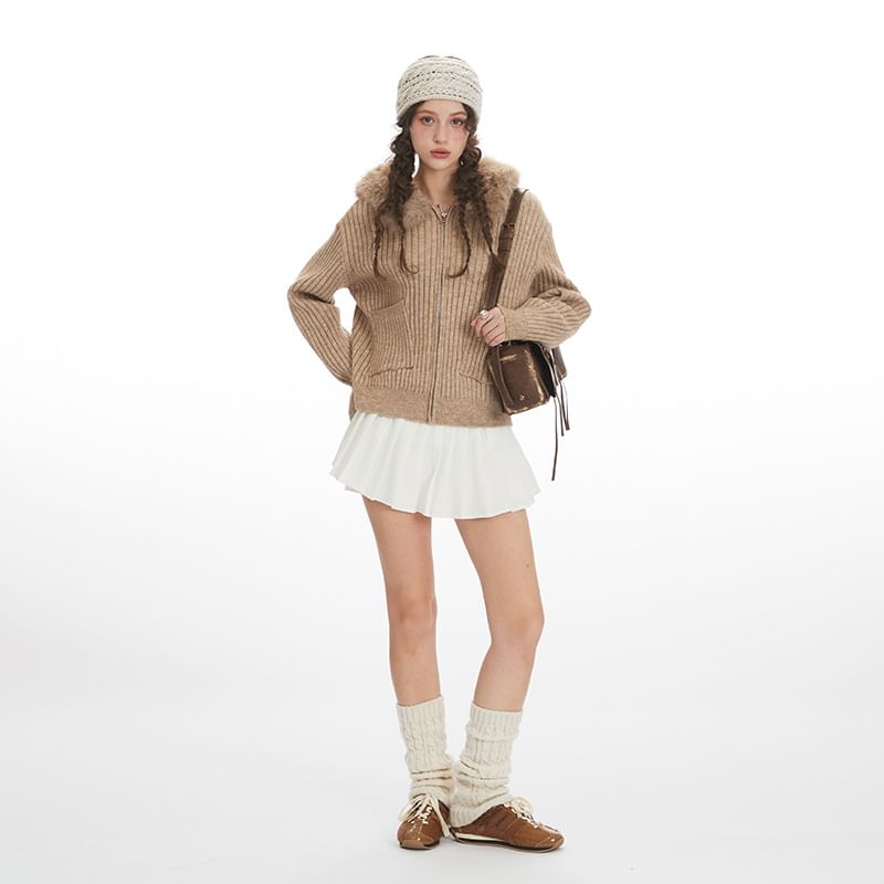 Long Sleeve Faux Fur-Trim Hooded Ribbed-Knit Zip-Up Cardigan