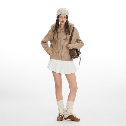 Long Sleeve Faux Fur-Trim Hooded Ribbed-Knit Zip-Up Cardigan
