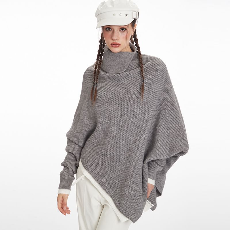 Asymmetrical Mock-Neck Solid Knit Sweater