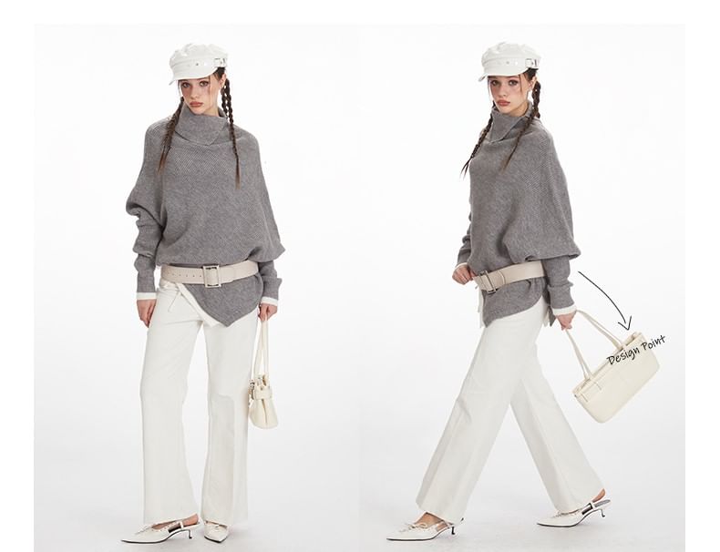 Asymmetrical Mock-Neck Solid Knit Sweater
